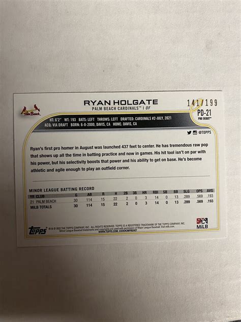 Ryan Holgate Topps Pro Debut Fuchsia Parallel Card Numbered