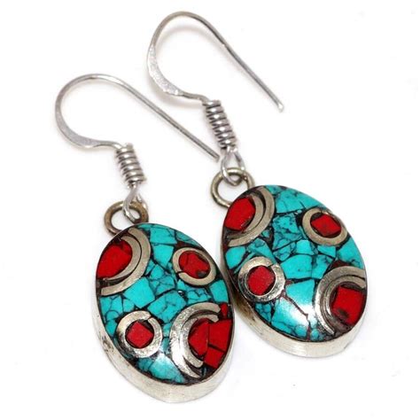 12gms Chunky Tibetan Turquoise Red Coral Nepali Tribal Earrings 1 5 AU