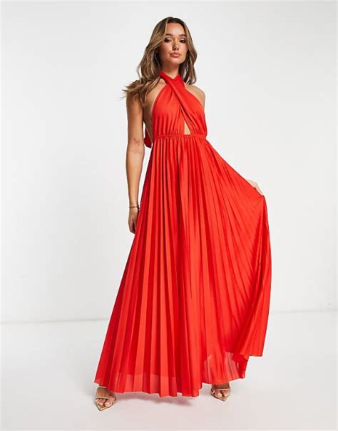 Asos Design Halter Pleat Maxi Dress In Red Asos