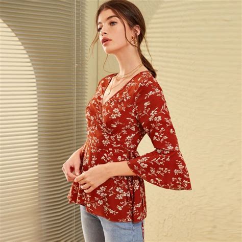 V Neck Ditsy Floral Print Knot Side Boho Wrap Blouse Power Day Sale