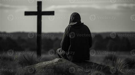 Man In Front Of A Wooden Cross In The Countryside Black And White Ai