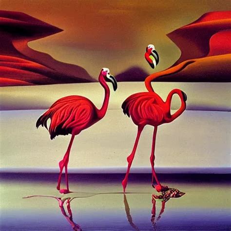 Pair Of Dancing Flamingos With A Flying Egg Oil Stable Diffusion