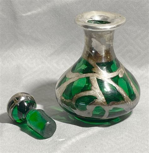 Antique Perfume Bottle Silver Overlay Small Green Gem