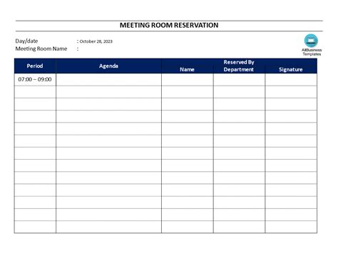 Kostenloses Meeting Room Reservation Sheet