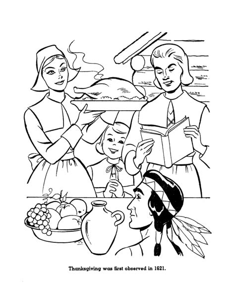 The First Thanksgiving Coloring page sheets: Thanksgiving Feast : USA-Printables