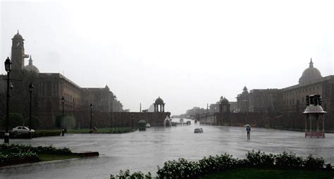 A view of Raisina Hills as heavy rainfall lashes