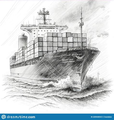 Big Cargo Container Ship in the Sea. Pencil Sketch. Generative AI Stock ...