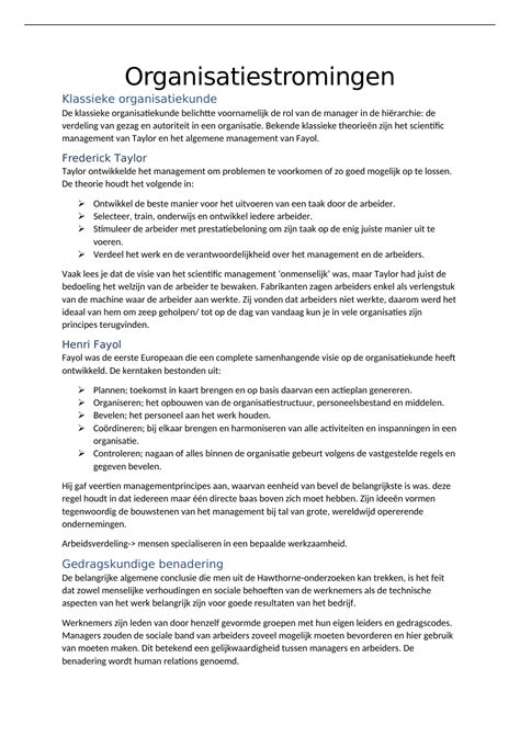 Samenvatting Duidelijk Overzicht Van De Organisatiestromingen