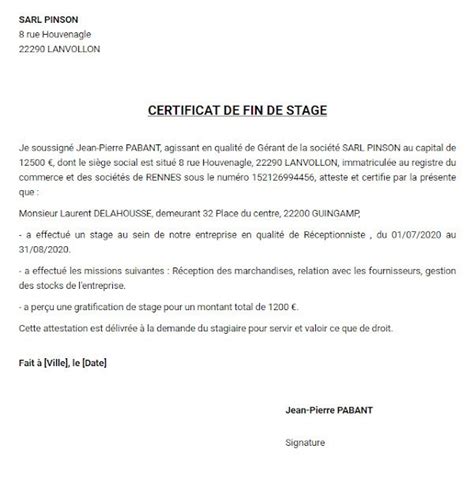 Exemple D Attestation De Stage Word