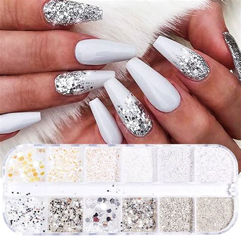 Glossy Pearl White False Nails With Glitter Glitter For Nails