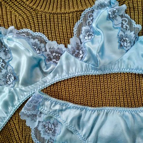 Handmade Blue Silk Lingerie Set Minimalist Bralette Luxury French Set