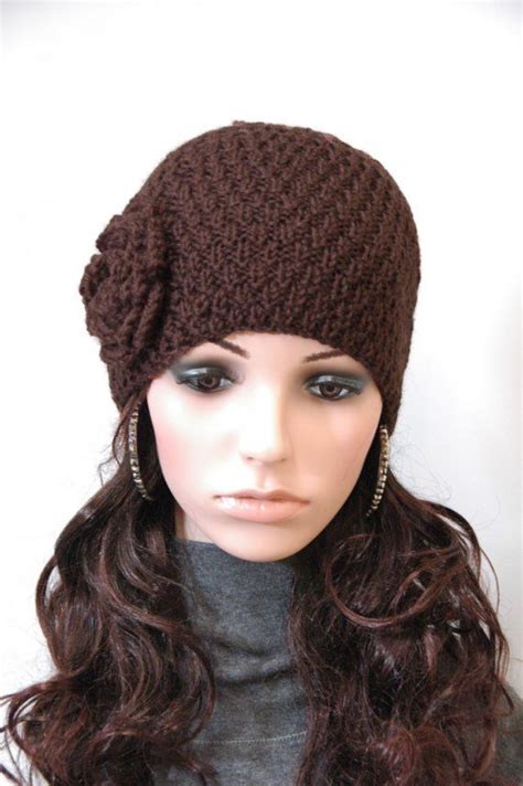 Hand Knit Hat Brown Beanie Hat Crochet Flower Ready To Ship Knitted