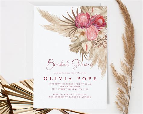 Pampas Grass Bridal Shower Invitation Template Editable Etsy