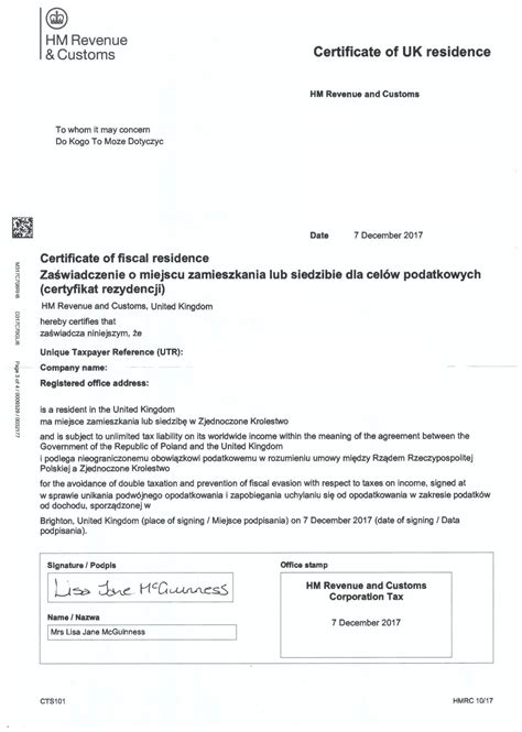 Certificate Of Fiscal Residencetruthtellers122017 Adf Consulting