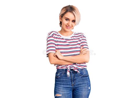 Young Beautiful Blonde Woman Wearing Casual Clothes Happy Face Smiling