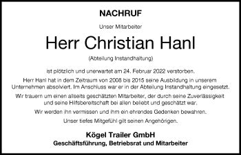 Traueranzeigen Von Christian Hanl Allg Uer Zeitung