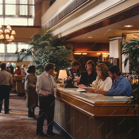 A busy hotel lobby with front desk staff efficiently handling multiple