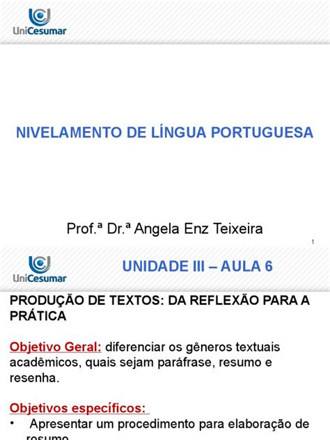 Nivelamento De Portugues Unidade 3 Aula 6 Pdf Abstract Resumo