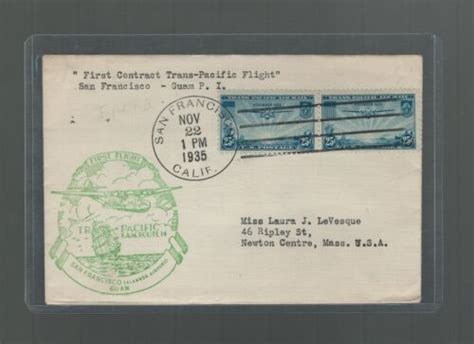 US First Flight Cover Pan Am SF To Newton Center Via Guam 1935 US Scott