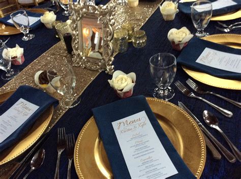 Gold Beaded Charger Plates With Navy Napkins