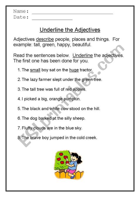 English Worksheets Underline The Adjectives