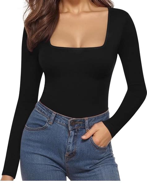 Mangopop Women S Square Neck Long Sleeve Bodysuit Color Black Size M Ebay