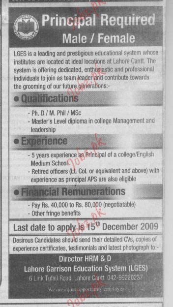 Garrison Education System Lges Jobs Job Advertisement Pakistan