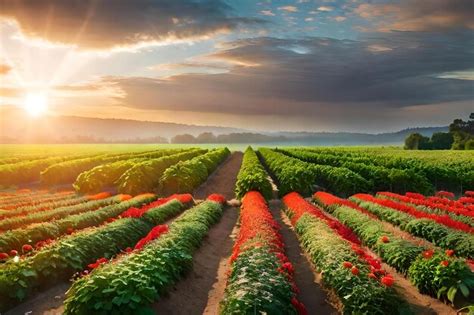 Un campo de flores rojas con el sol detrás Foto Premium