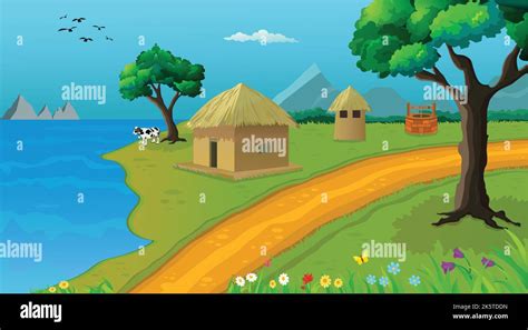 Village cartoon background illustration with old style cottage, lake, well, trees, narrow road ...