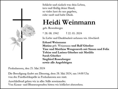 Traueranzeigen Von Heidi Weinmann Vrm Trauer De