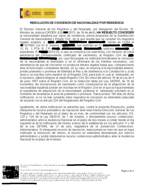 Documento De ResoluciÓn De ConcesiÓn De Nacionalidad Por Residencia