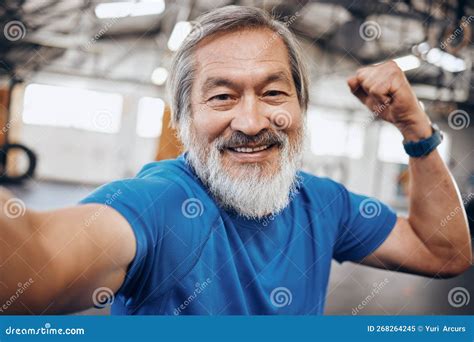 Fitness Muscle And Selfie Portrait Of Asian Man In Gym Show Biceps For Motivation Wellness And