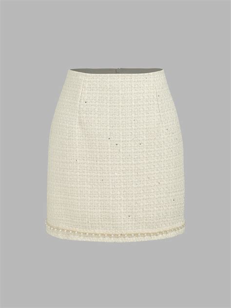 Solid Tweed Faux Pearl Geometric Mini Skirt Cider