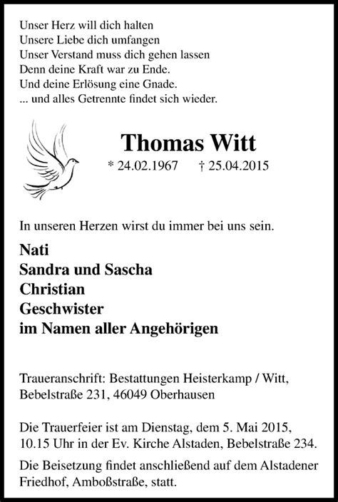 Traueranzeigen Von Thomas Witt Trauer In Nrw De