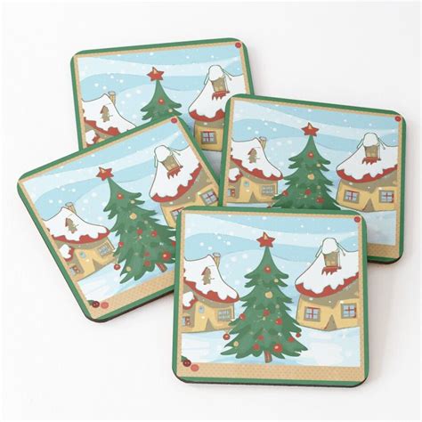 Dessous de verre lot de 4 Sapin et village dessin de Noël par