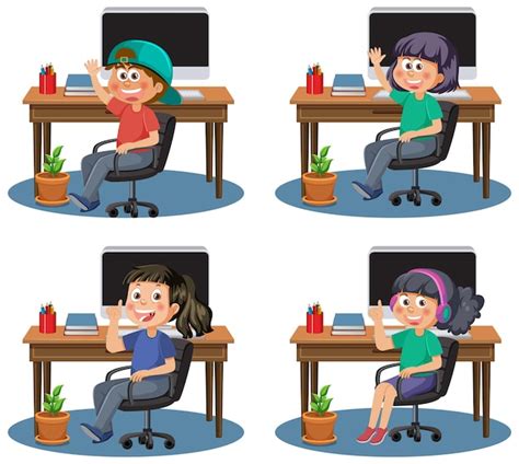 Conjunto de diferentes niños usando computadora Vector Premium