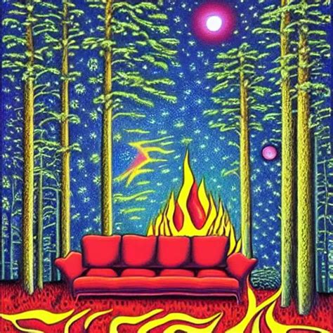 Psychedelic Trippy Fire Couch Pine Forest Planets Stable Diffusion