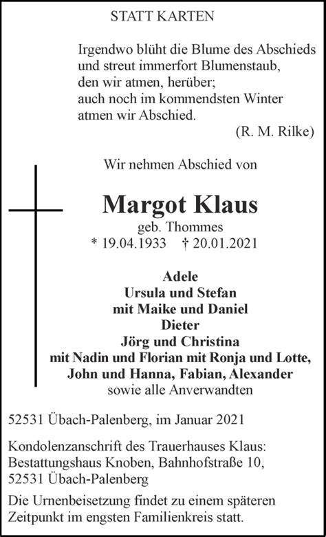 Traueranzeigen Von Margot Klaus Aachen Gedenkt