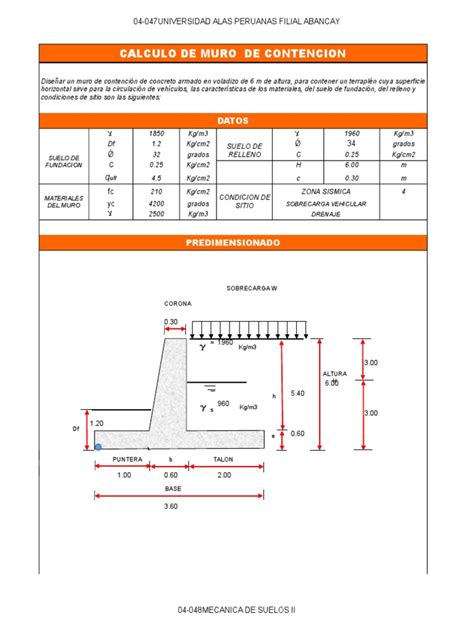 Calculo Estructural De Muro De Contencion Fricción Mecanica Clasica