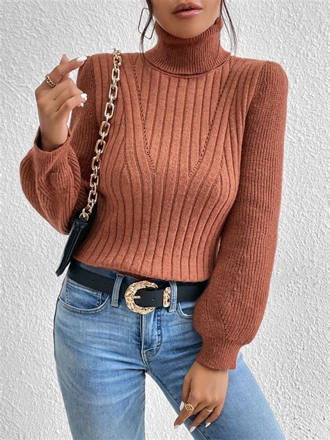 Turtleneck Ribbed Knit Lantern Sleeve Jumper