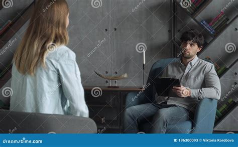 Positive Psychoanalyst Man Conversation With Female Patient In Office