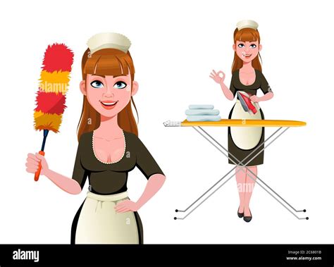 Maid Cleaning Lady Smiling Cleaning Woman Set Of Two Poses Cheerful