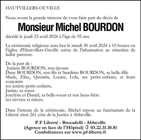 Avis De Décès De Michel Bourdon Pompes Funèbres Liberté Brusadelli