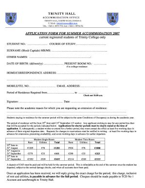 Fillable Online Tcd TRINITY HALL APPLICATION FORM FOR SUMMER Tcd