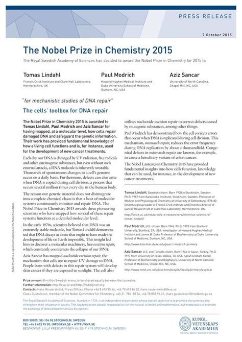 Aziz Sancar Nobel Prize In Chemistry Pdf