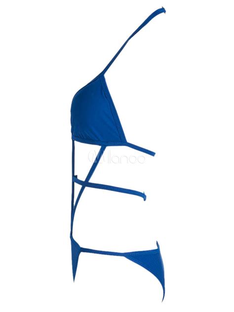 Royal Blue Bikini Halter Straps Cut Out Polyester Swimsuit For Women