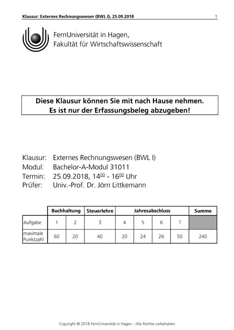 Klausur Sommersemester Klausur Externes Rechnungswesen Bwl I