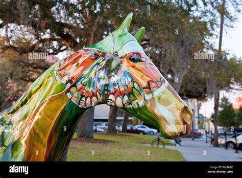 Ocala, FL - Mar 2009 - Brightly painted head of horse sculpture on the Downtown Square in Ocala ...