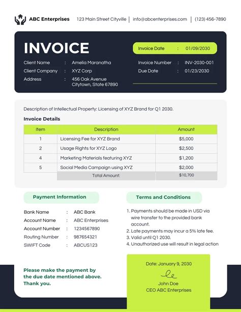 Intellectual Property Royalty Invoice Template Venngage