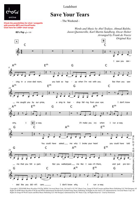 Save Your Tears Sheet Music The Weeknd Unison Choir